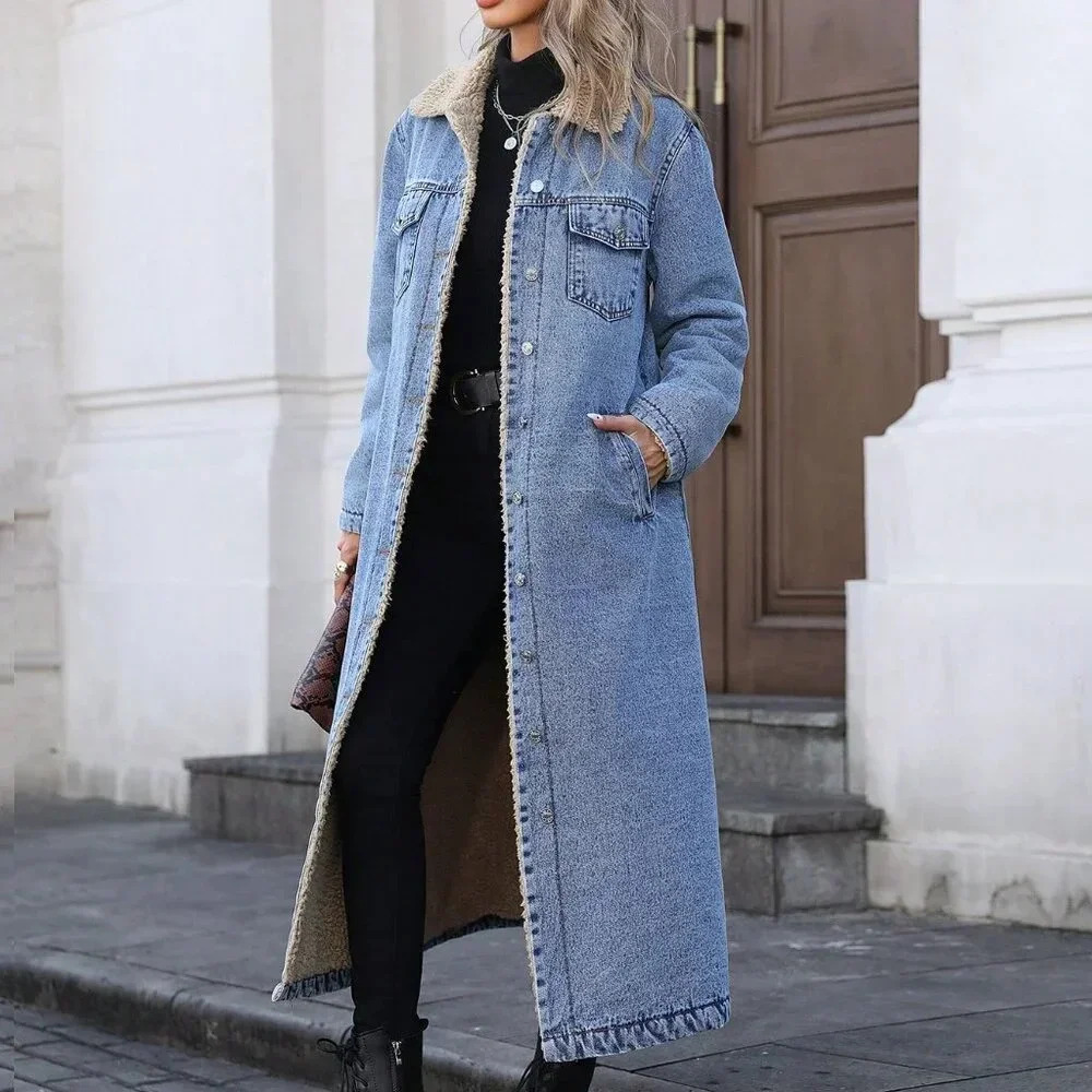 Blue Casual Women's Trendy Fleece-Lined Long Denim Jacket - Picture 6 of 7